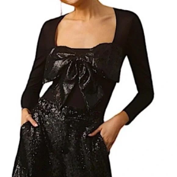 Anthropologie Black Sequin Bow Bodysuit - Size Medium - Picture 2 of 4